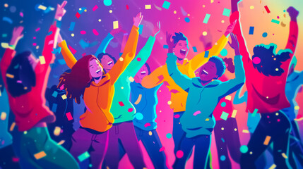 The party buzzes with excitement as friends dance and celebrate, showered by multicolor streamers and happiness