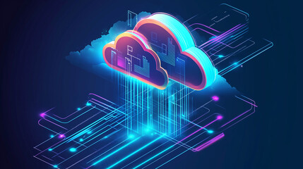 Leinwandbilder - 3D isometric illustration of cloud computing with glowing elements and clouds, representing the connection of technology and data in an atmosphere of innovation and digital business. This futuristic b