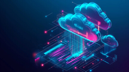 Leinwandbilder - 3D isometric illustration of cloud computing with glowing elements and clouds, representing the connection of technology and data in an atmosphere of innovation and digital business. This futuristic b