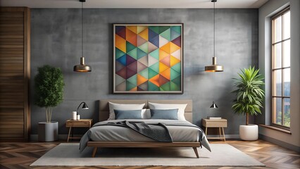 Poster - Abstract Geometric Wall Art Mockup in a Gray Loft Bedroom with a Dark Wood Frame  AI generated