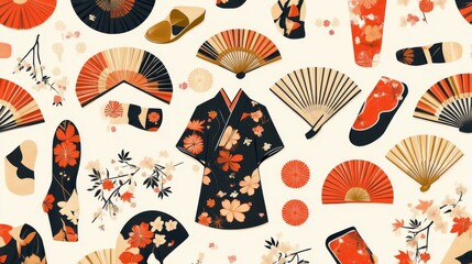 Wall Mural - Flat vector illustration of Japanese traditional clothing items such as kimonos, geta sandals, and folding fans in a seamless pattern