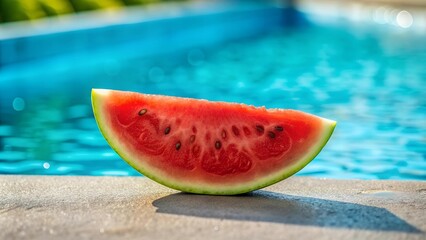 Wall Mural - Sun-Drenched Watermelon Slice by the Pool  AI Generated