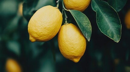 Lemons hanging on a branch with leaves, captured in a close-up shot to emphasize their freshness.