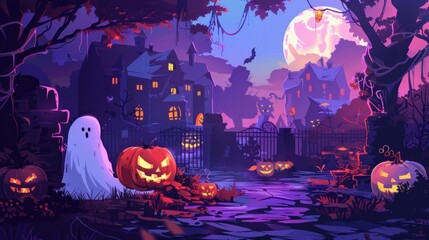 Wall Mural - Haunted House with Jack-o'-Lanterns and a Ghost on Halloween Night