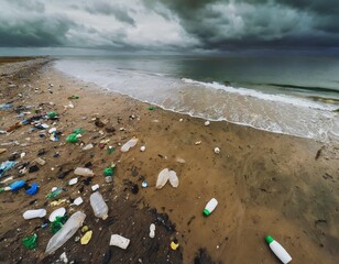 aerial view of a dirty Ocean surface full of plastic bottles and trash; environmental pollution