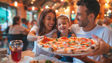 Mom, dad and daughter are eating together pizza at pizzeria. Happy family eating pizza at restaurant. Selective focus. family of three is enjoying pizza together. Birthday at pizzeria, happy hour