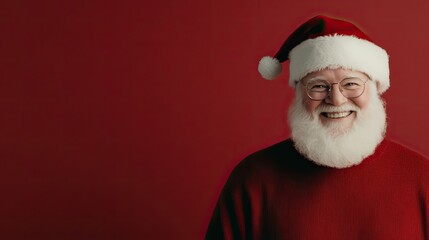 Wall Mural - A friendly man wearing a Santa hat and glasses smiles joyfully, promoting holiday spirit against a festive red backdrop