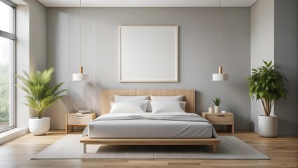 Canvas Print - Minimalist Serenity: A Modern Bedroom with a Blank Canvas  generative AI