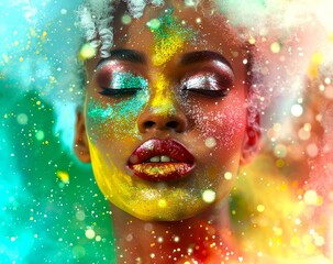 Poster - Vibrant portrait of a woman with closed eyes, featuring colorful paint splashes on her face. Artistic style with a dreamy, abstract background, perfect for creative and modern design projects. AI