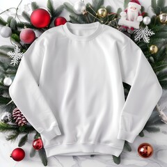 Flat lay white long sleeve tshirt mockup with Christmas background. Gildan sweatshirt mock up. Blank t-shirt template front view. Crewneck tee, casual model. Unisex clothing, apparel, outfit mock