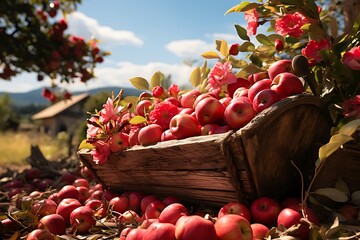 Wall Mural - Harvesting of ripe red apples in an wooden cart on an orchard