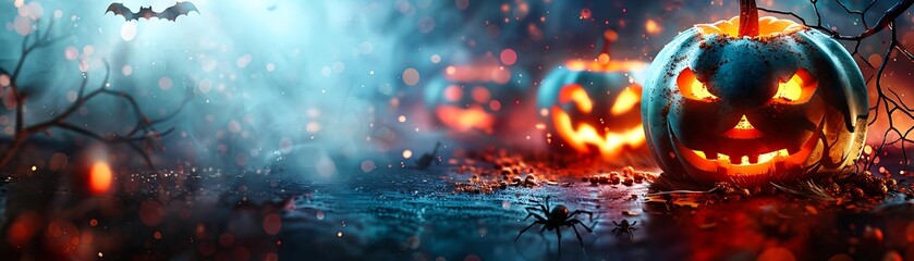 Glowing jack-o'-lanterns illuminate a foggy, spooky scene with bats, spiders, and bokeh lights, perfect for Halloween-themed designs, advertisements, or social media posts,