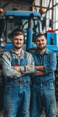 Professional technicians repairing cars in an automotive workshop, dressed in uniforms and posing.