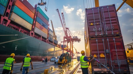 Workers Loading Cargo Containers onto Ship at Busy Industrial Port
