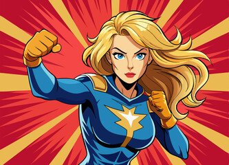  Pop art comic book style super heroine blonde punching with female superhero costume poster design.