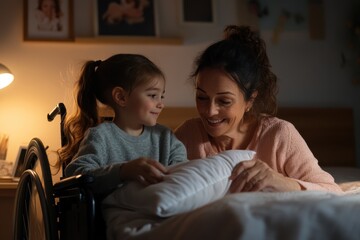a tender nighttime moment showing a mother helping her daughter, who is in a wheelchair, with their 