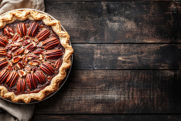 Wall Mural - Homemade autumn pecan pie on a rustic background, top view with copy space.