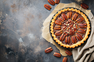 Wall Mural - Homemade autumn pecan pie on a rustic background, top view with copy space.