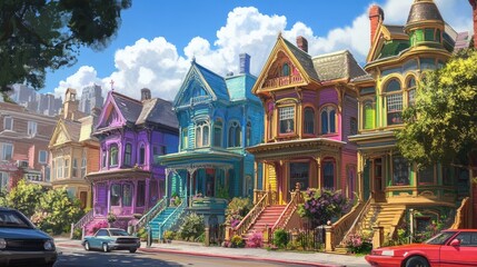 A street scene of historic, Victorian-style houses painted in a rainbow of colors, highlighting their ornate design elements.