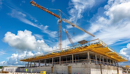 Wall Mural - Yellow construction crane lifts building materials at a construction site.