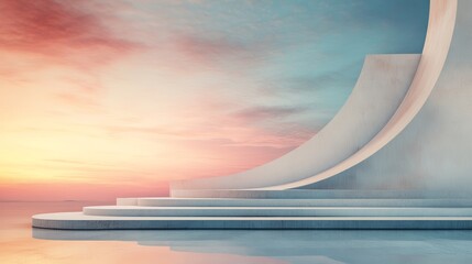 Abstract minimalist background with white curved platform and sunrise sky reflection.