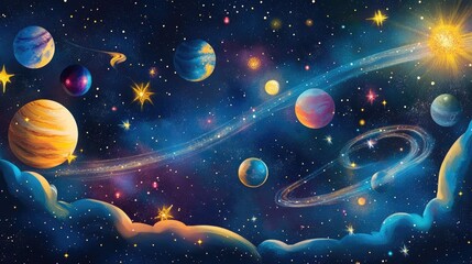 Wall Mural - Magical cartoon creatures flying through a starry night sky, leaving trails of sparkles and surrounded by planets and galaxies