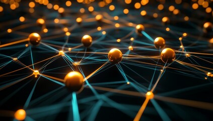Poster - An abstract network with nodes and lines on a dark background that represents concepts such as technology, connectivity, and the internet.