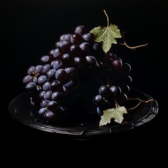 Wall Mural - Grapes on black plate isolated on black background