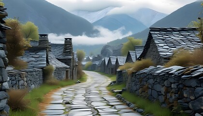 Wall Mural - The stone path of the ancient village is surrounded by mountains in the distance, surrounded by clouds and mist, and is peaceful and distant.