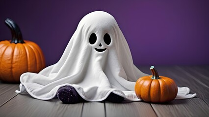 a white ghost with a smiley face on it sits on a purple background.