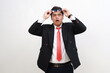 © ArvStd - Photo of shocked asian businessman manager touch spectacles feel scared isolated on white background
