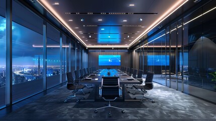 Sticker - futuristic 3D render. sleek modern conference room, digital screen, natural light, sliding glass doors, Monochromatic palettes of grey, iron black, and white, blue light, modern elements