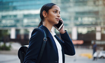 Poster - Walking, business woman and phone call in city for conversation, legal consulting or commute. Contact, speaking and female lawyer with mobile for discussion, negotiation or confirm meeting in morning