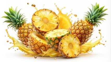 Wall Mural - Fresh pineapple slices arranged artfully on transparent background with a splash of pineapple juice surrounding them, evoking tropical vibes and summertime refreshment.