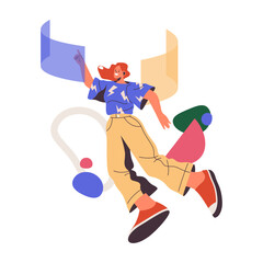 Aufkleber - Employee or manager working on project tapping on futuristic screen, flat cartoon vector illustration. Isolated abstract female character with documents working in office of future