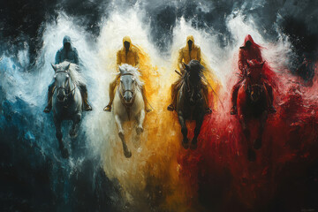 Poster - Abstract representation of the Four Horsemen, with each rider symbolized by distinct colors and elements,
