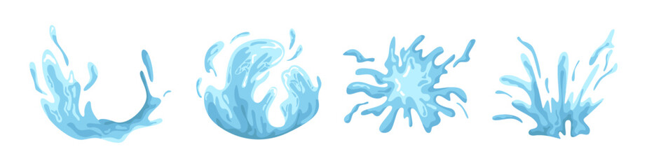 Leinwandbilder - Liquid water splashes and sprinkles, falling aqua drops, sea or ocean waves and swirl. Vector isolated seawater motion effects, flows, streams and spills. Set of rainwater plashing or fountain