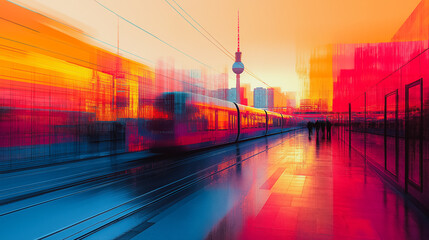 Wall Mural - Modern abstract cityscape of Berlin with fluid lines and bright, contrasting colors.