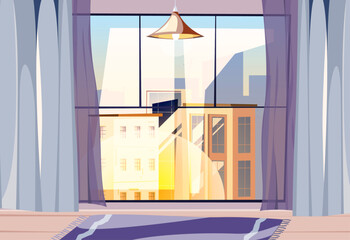 Poster - Interior of room with panoramic window, view on city with skyscrapers. Vector isolated home with curtains and rug on floor, empty apartment or dwelling. Moving in our out, residential house