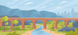 © Sensvector - Mountains landscape with bridge for train or transport. Vector panoramic scenery with railroad for express. City skyline in distance, river and nature with hills and clouds. Adventures and journey