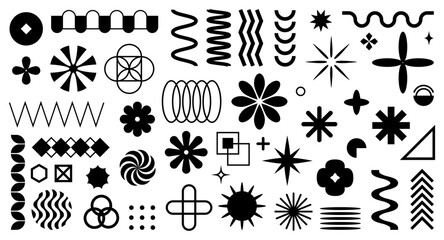 Poster - Memphis or brutalist style shapes. Vector isolated abstract forms with stars, flowers and spiral, wavy and straight lines. Graphic decoration for typography, grungy modern trendy artwork