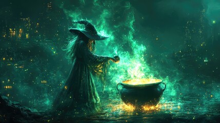 Wall Mural - Green Cloaked Witch Conjuring Magic Spell over Glowing Cauldron in Mystical Night Cityscape