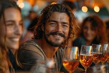 Cheerful crowd at a young wine festival, people tasting different wines, festive decorations and outdoor setting