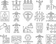 © sevector - electric grid energy power icons set vector. transmission high, tower industry technology plant, pole voltage, solar, wind electric grid energy power black contour illustrations