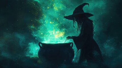 Wall Mural - Enchanted Witch Brewing Magic Potion in Mystical Cauldron