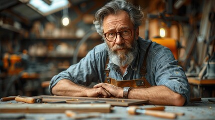 A furniture assembler working on a custom-built piece of furniture, using a variety of hand tools and machinery, in a well-lit workshop