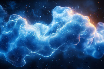 Poster - Abstract art of chemical elements forming a luminous cloud, suspended in a dark, futuristic space,