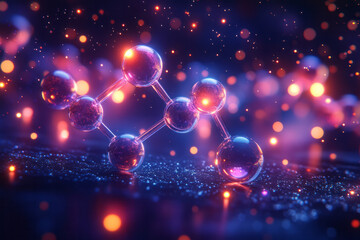 Poster - Clean and modern image of floating chemical elements with neon lights, set against a dark, digital background,