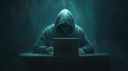 Poster - Mysterious figure in a hoodie, using a laptop in a dark, dimly lit room.