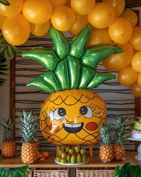 Fruit-shaped balloons, themed party decorations, and pineapple-themed cake for the fruit